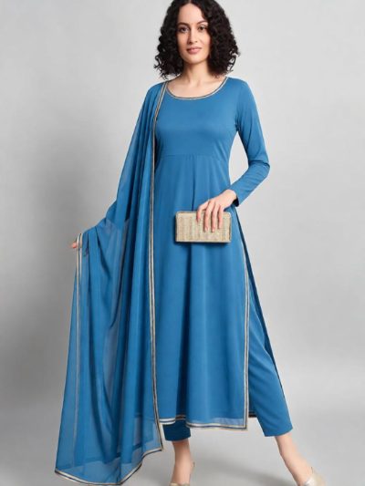 Adaa Bazaar Women's Royal Blue Faux Georgette Lace Work Pant Suit
