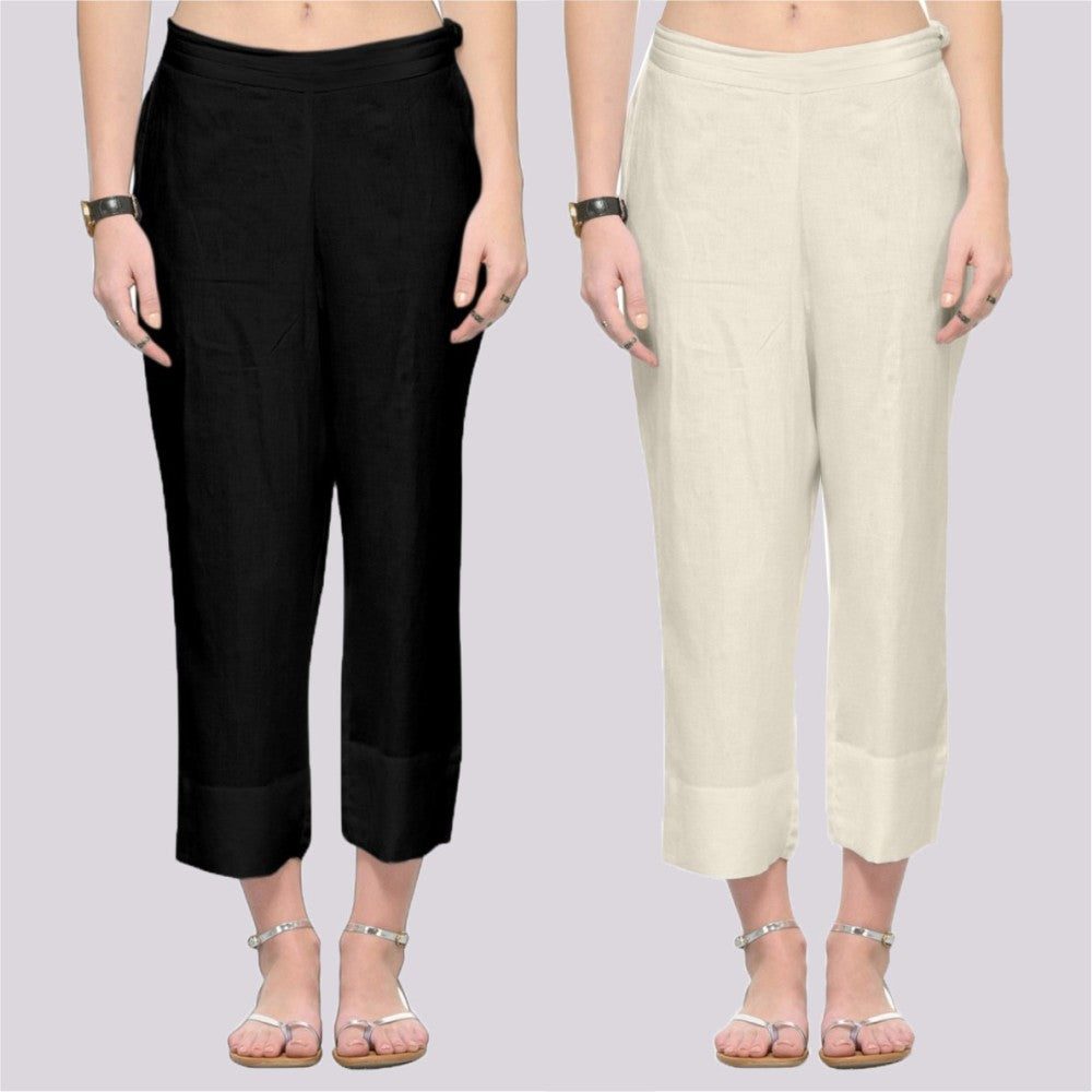 Adaa Bazaar Women's Combo of 2 Rayon Ankle Length Pant Black and Off White