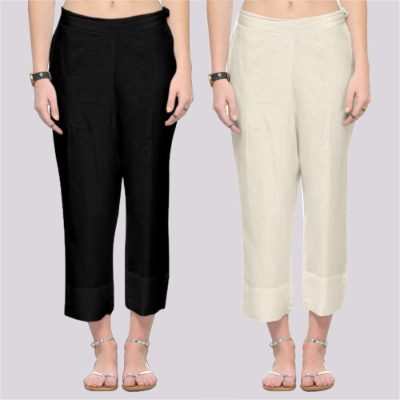 Adaa Bazaar Women's Combo of 2 Rayon Ankle Length Pant Black and Off White