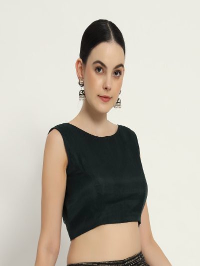 Adaa Bazaar Women's Readymade Bottle Green Blouse with Cut Sleeves