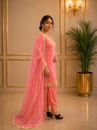Adaa Bazaar Women's Pink Colour Sequin and Mirror Work Suits with Dupatta