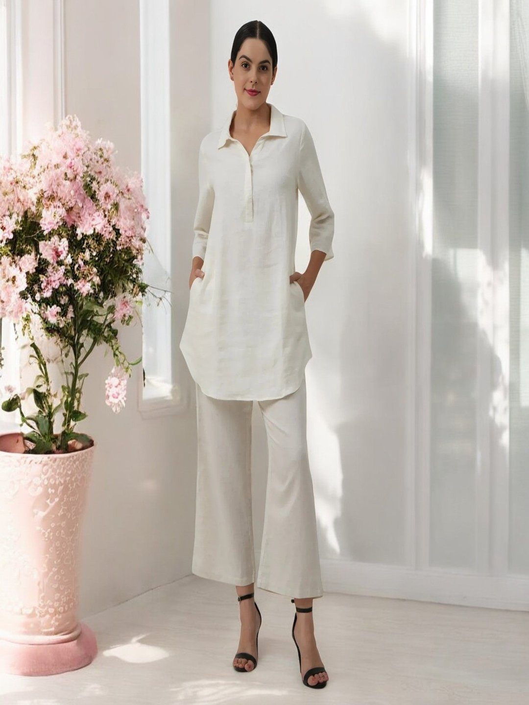 Adaa Bazaar Women's White Colour Tunic & Pants Skipper Collar