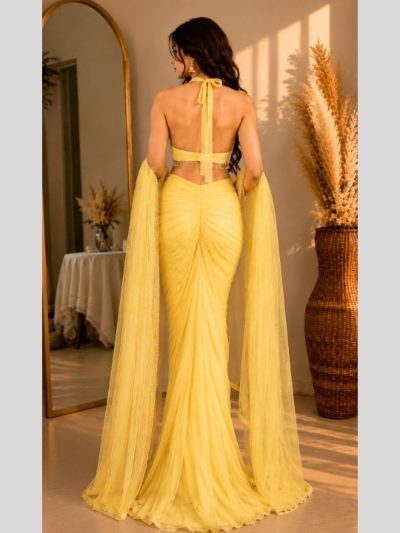 Adaa Bazaar Georgette Embellished Pre-Draped Skirt Set with Designer Halter Blouse and Dupatta