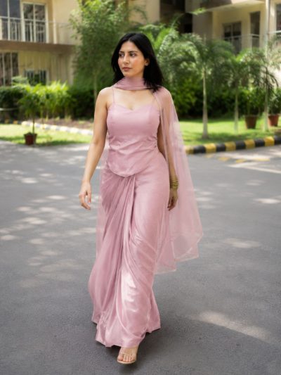 Adaa Designer Organza Drape Skirt with Sweetheart Neck Corset Blouse & Organza Dupatta