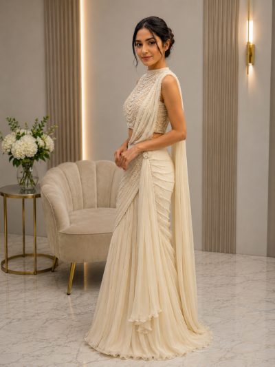 Adaa Bazaar Women's Cream Georgette Pearl Hanging Draped Saree