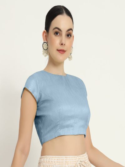 Baby Blue Pad Blouse with Sleeves and Front O-Neck Design