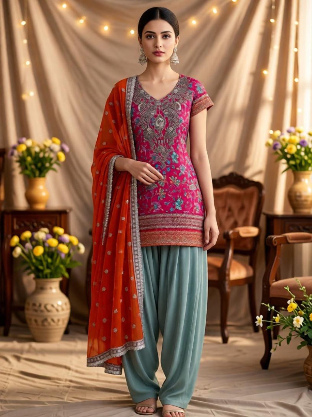 Adaa Bazaar Women's Readymade Party Wear Magenta and Sky Patiala Suit with Orange Dupatta