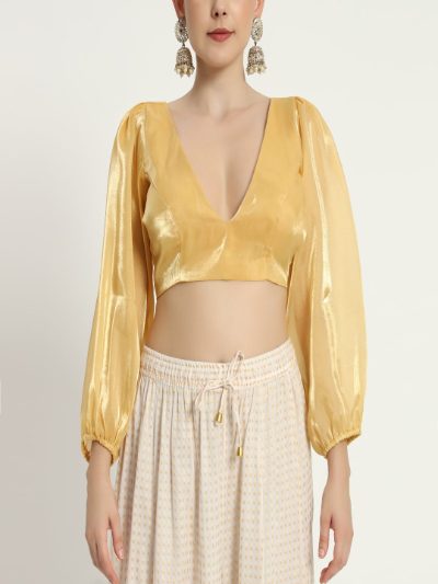 Adaa Bazaar Women's Readymade Golden Blouse with Full Sleeves V Neckline