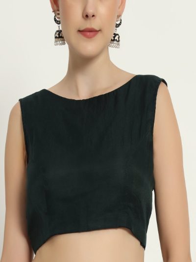 Adaa Bazaar Women's Readymade Bottle Green Blouse with Cut Sleeves