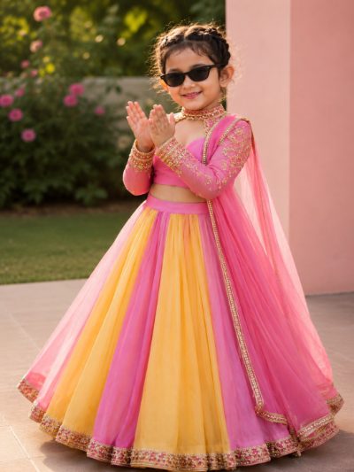 Adaa Bazaar Girls Pink & Yellow Hand Embroidery Lehenga Choli Set | Lightweight Festive Wear