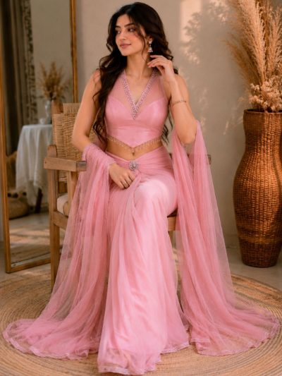 Adaa Bazaar Georgette Embellished Pre-Draped Skirt Set with Designer Halter Blouse and Dupatta