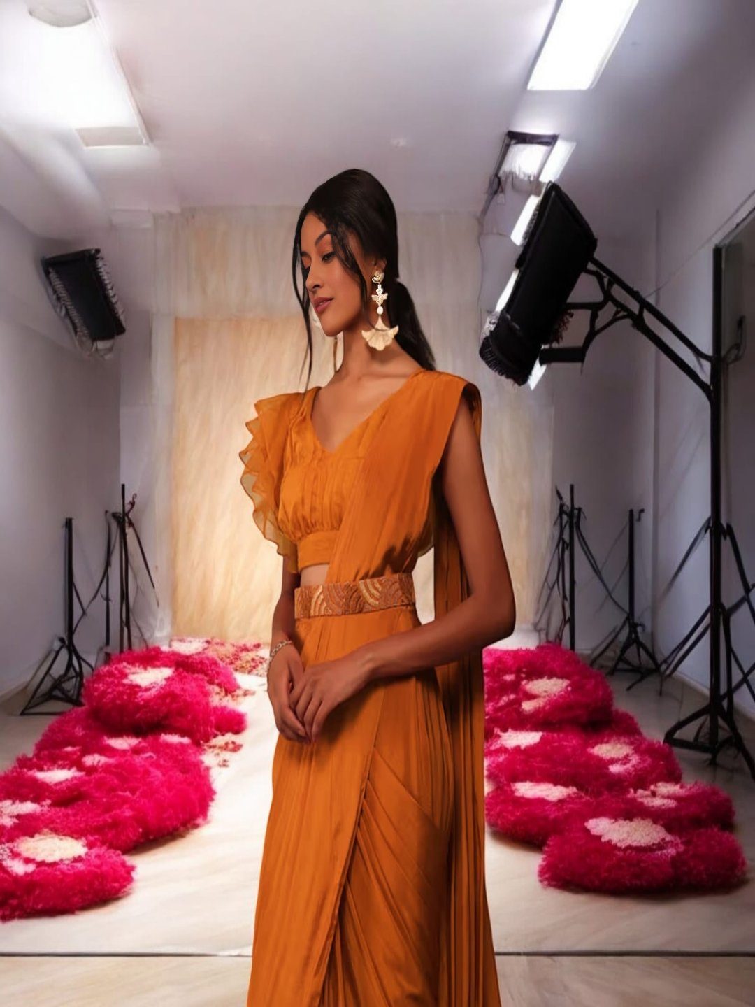 Adaa Bazaar Women's Light Orange Indo-Western Ready to Wear Saree with Stitched Blouse