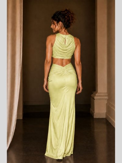 Adaa Bazaar Satin Draped Skirt Set with Ruched Halter Neck Crop Top