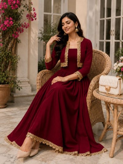Adaa Bazaar Women's Cotton Cambric Calf-Length Dress with Half Jacket
