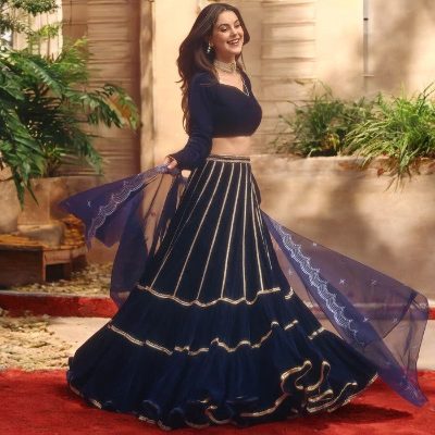 Adaa Bazaar Women's Blue Velvet Lehenga Set with Gotta Patti Work