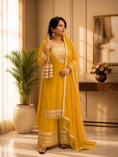 Adaa Bazaar Women's Yellow Colour Sequin and Mirror Work Suits with Dupatta