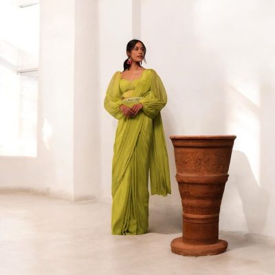 Adaa Bazaar Women's Sea Green Indo-Western Ready to Wear Saree with Stitched Blouse