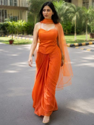 Adaa Designer Organza Drape Skirt with Sweetheart Neck Corset Blouse & Organza Dupatta