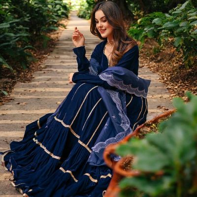 Adaa Bazaar Women's Blue Velvet Lehenga Set with Gotta Patti Work