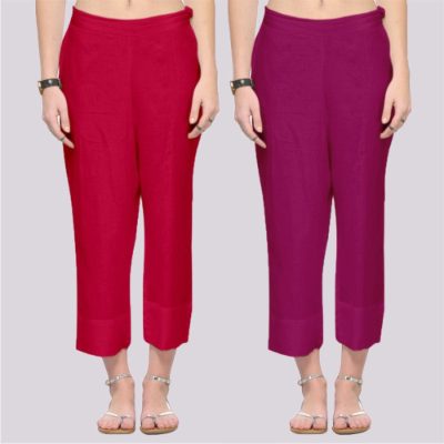 Adaa Bazaar Women's Combo of 2 Rayon Ankle Length Pant Red and Purple