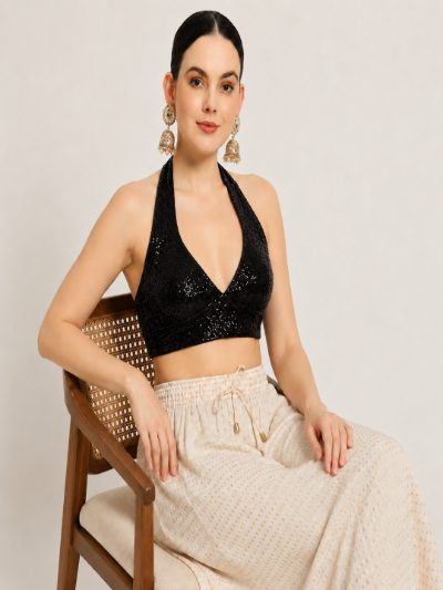 Adaa Bazaar Sequins Party Wear Cut Sleeves Stitched Halter Neck Blouse