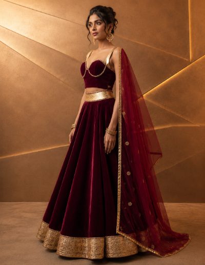 Adaa Bazaar Women’s Designer Velvet Lehenga Choli Set with Dupatta