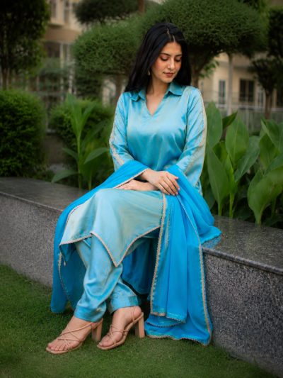 Adaa Bazaar Women's Sky Colour Sequin Work Less Suits with Dupatta