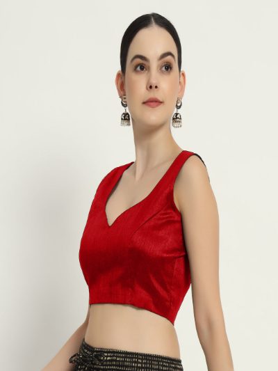Adaa Bazaar Women's Readymade Red Silk Blouse Cut Sleeves