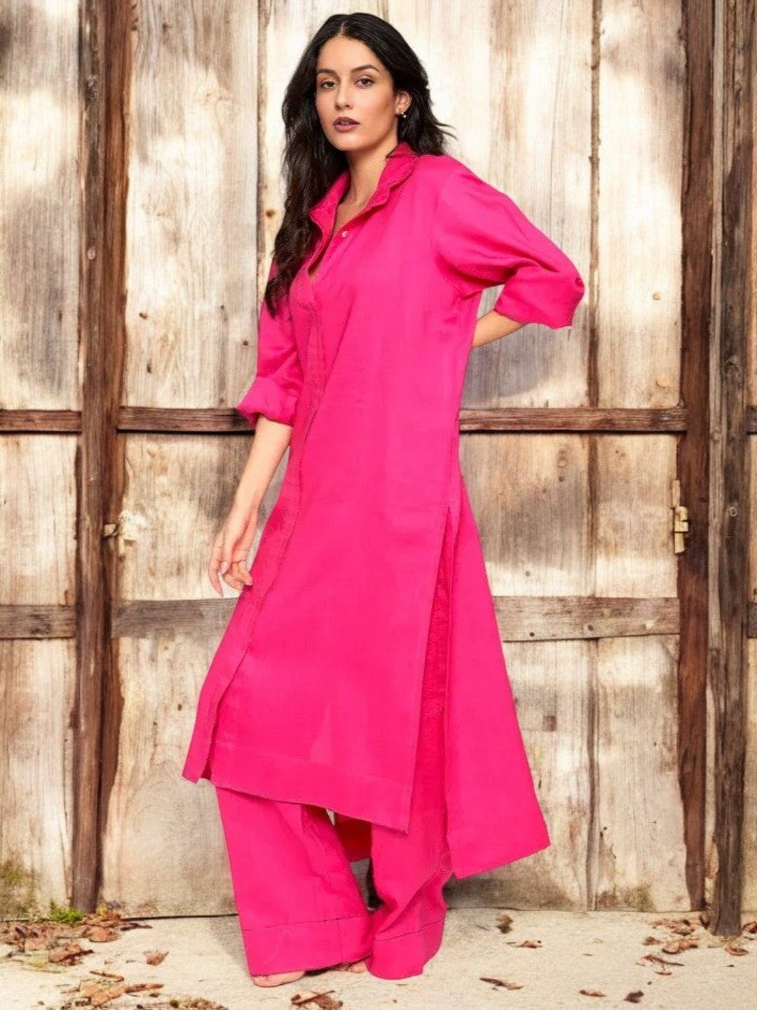 Adaa Bazaar Women's Magenta Long Sleeves with Smart Cut Straight Kurta with Tonal Solid Bottom