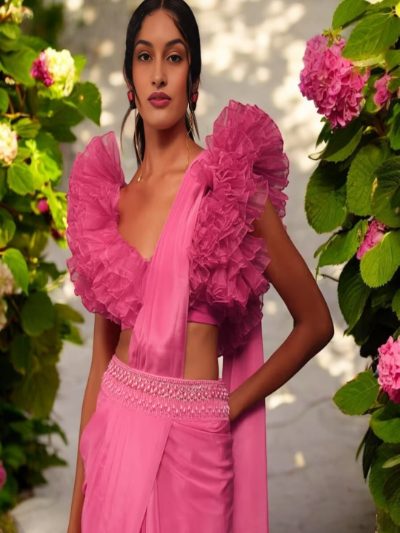 Adaa Bazaar Women's Hot Pink Indo-Western Ready to Wear Saree with Stitched Blouse