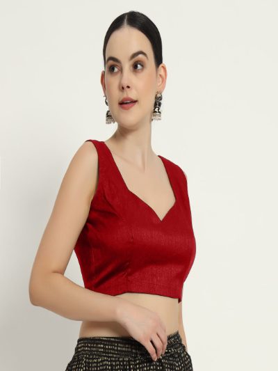 Adaa Bazaar Women's Readymade Red Silk Blouse Cut Sleeves