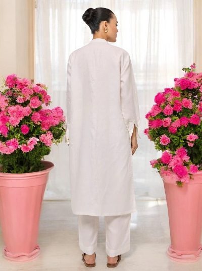 Adaa Bazaar Women's White Long Sleeves with Smart Cut Straight Kurta with Tonal Solid Bottom