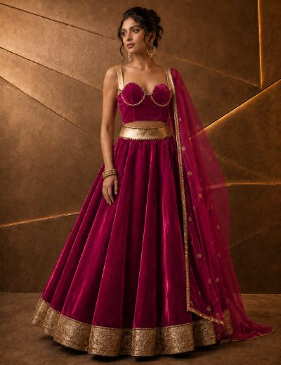 Adaa Bazaar Women’s Designer Velvet Lehenga Choli Set with Dupatta