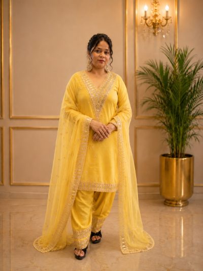 Adaa Bazaar Women's Yellow Elegant Party Wear and Haldi Function Dress