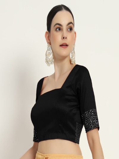 Adaa Bazaar Women's Handmade Black Blouse with Stone Work Half Sleeves