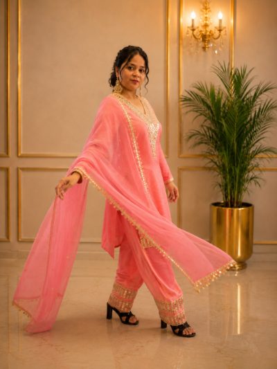 Adaa Bazaar Women's Pink Colour Sequin and Mirror Work Suits with Dupatta
