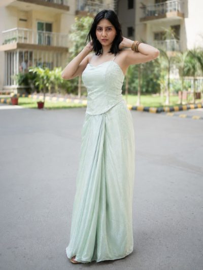 Adaa Designer Organza Drape Skirt with Sweetheart Neck Corset Blouse & Organza Dupatta