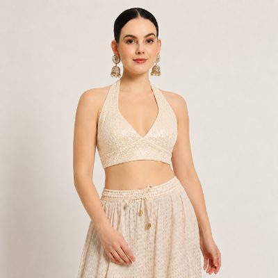 Adaa Bazaar Sequins Party Wear Cut Sleeves Stitched Halter Neck Blouse