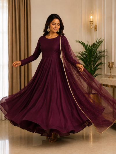 Adaa Bazaar Women's Anarkali Suit (wine ) with Dupatta