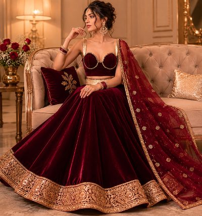 Adaa Bazaar Women’s Designer Velvet Lehenga Choli Set with Dupatta