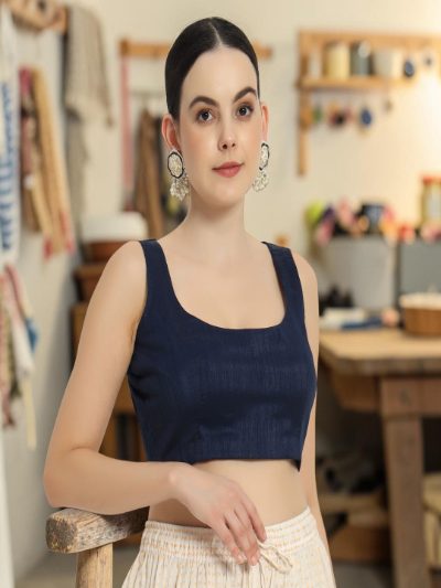 Adaa Bazaar Women's Readymade Blue Blouse with Cut Sleeves