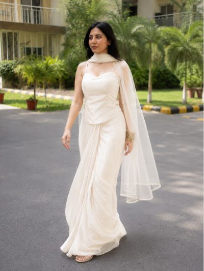 Adaa Designer Organza Drape Skirt with Sweetheart Neck Corset Blouse & Organza Dupatta