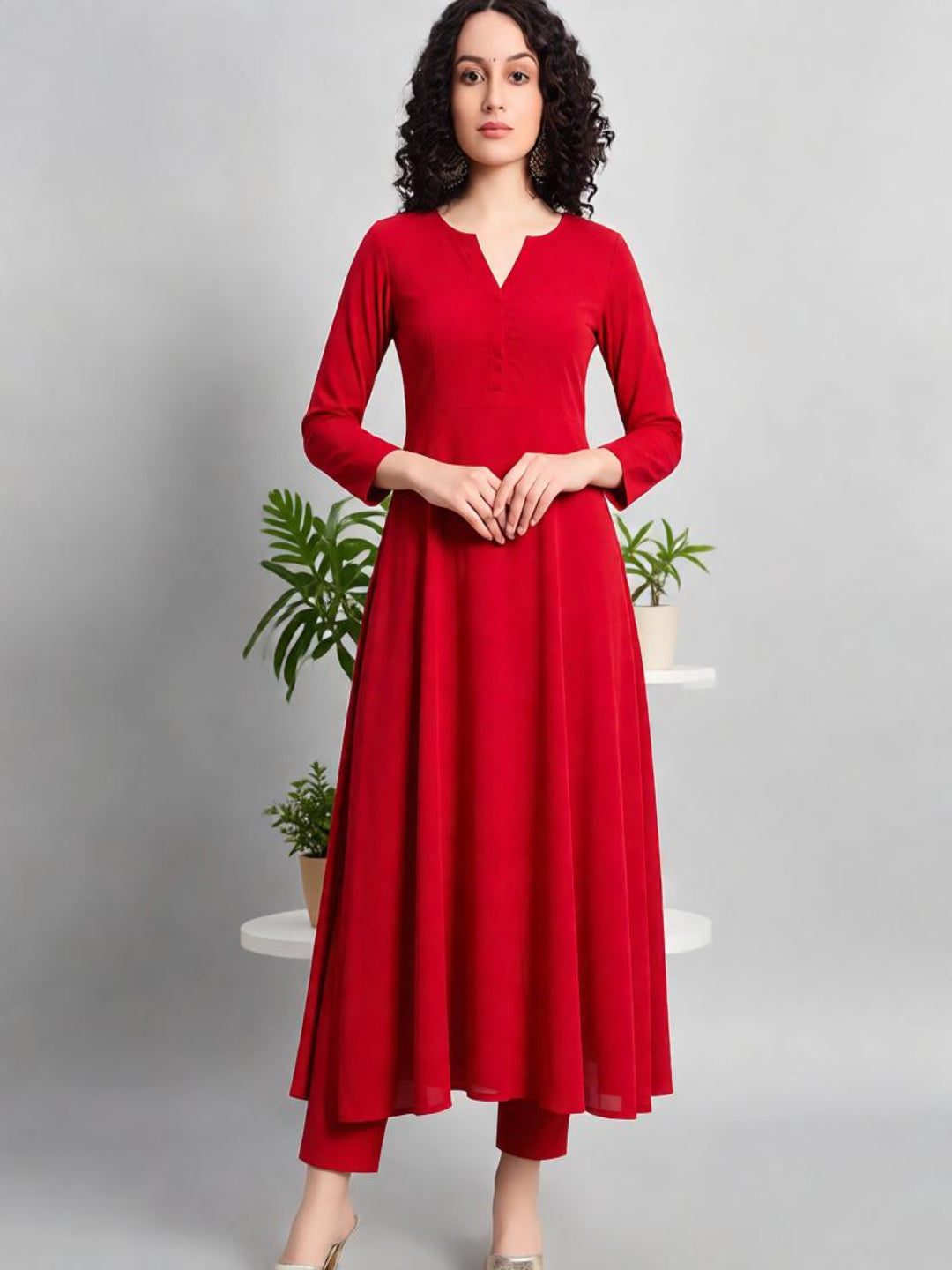 Adaa Bazaar Women’s A-Line Kurti and Pant Set Red Colour