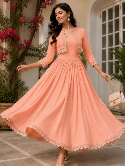 Adaa Bazaar Women's Cotton Cambric Calf-Length Dress with Half Jacket