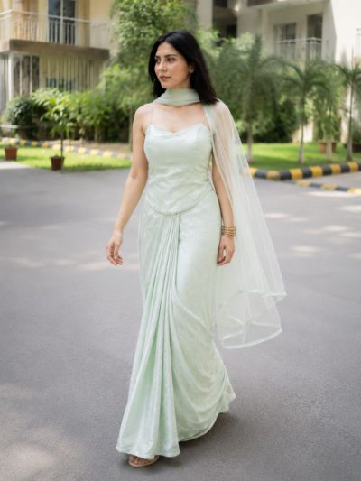 Adaa Designer Organza Drape Skirt with Sweetheart Neck Corset Blouse & Organza Dupatta