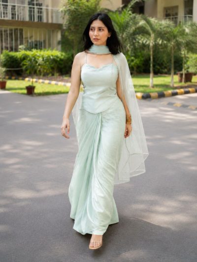 Adaa Designer Organza Drape Skirt with Sweetheart Neck Corset Blouse & Organza Dupatta