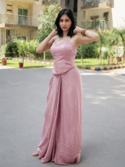 Adaa Designer Organza Drape Skirt with Sweetheart Neck Corset Blouse & Organza Dupatta