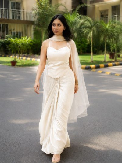 Adaa Designer Organza Drape Skirt with Sweetheart Neck Corset Blouse & Organza Dupatta