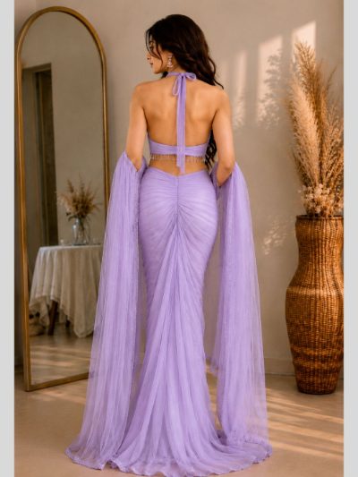 Adaa Bazaar Georgette Embellished Pre-Draped Skirt Set with Designer Halter Blouse and Dupatta