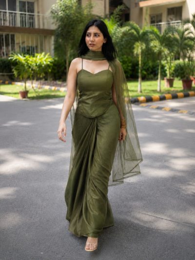 Adaa Designer Organza Drape Skirt with Sweetheart Neck Corset Blouse & Organza Dupatta